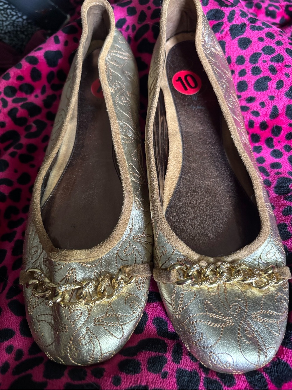 Baby Phat Gold Embroidered Chain-Accent Flats